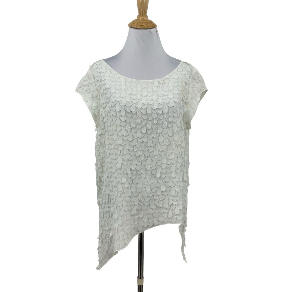 XD Xenia Design Top Womens S Small Cream Appliqué Petal Asymmetrical Boat Neck
